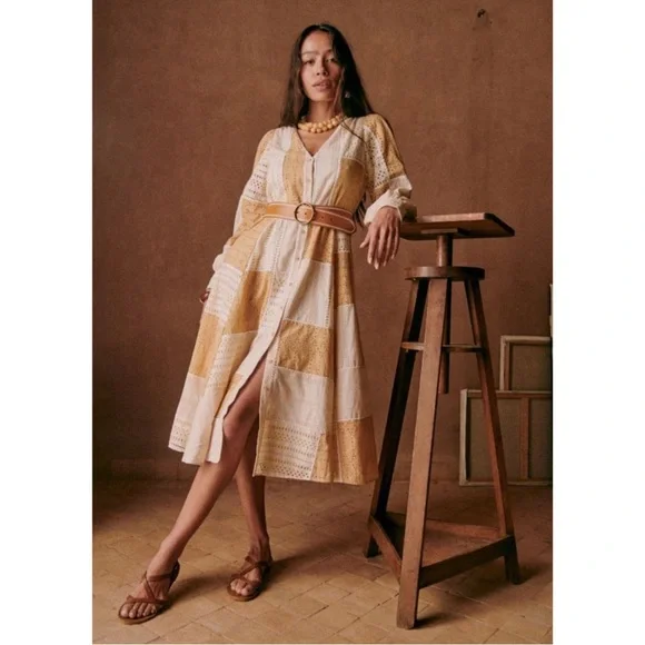 SEZANE Beige Cream Patchwork Eyelet Button Down Midi Dress Matissa Shirt Dress